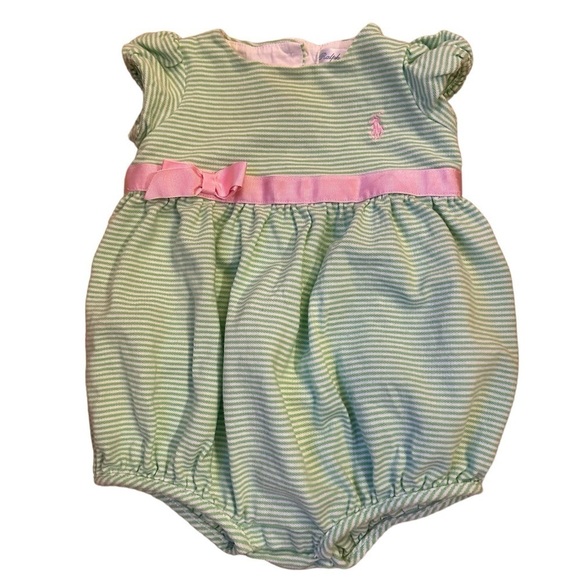 Ralph Lauren 6 months romper pink Green stripe ribbon bubble one piece - Picture 1 of 6